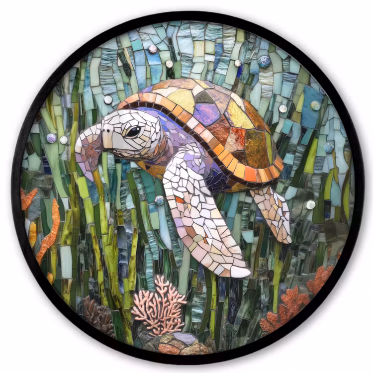 Schildpad - Zeewier - Mozaïek Fotolijst rond zonder passe partout klein -3d