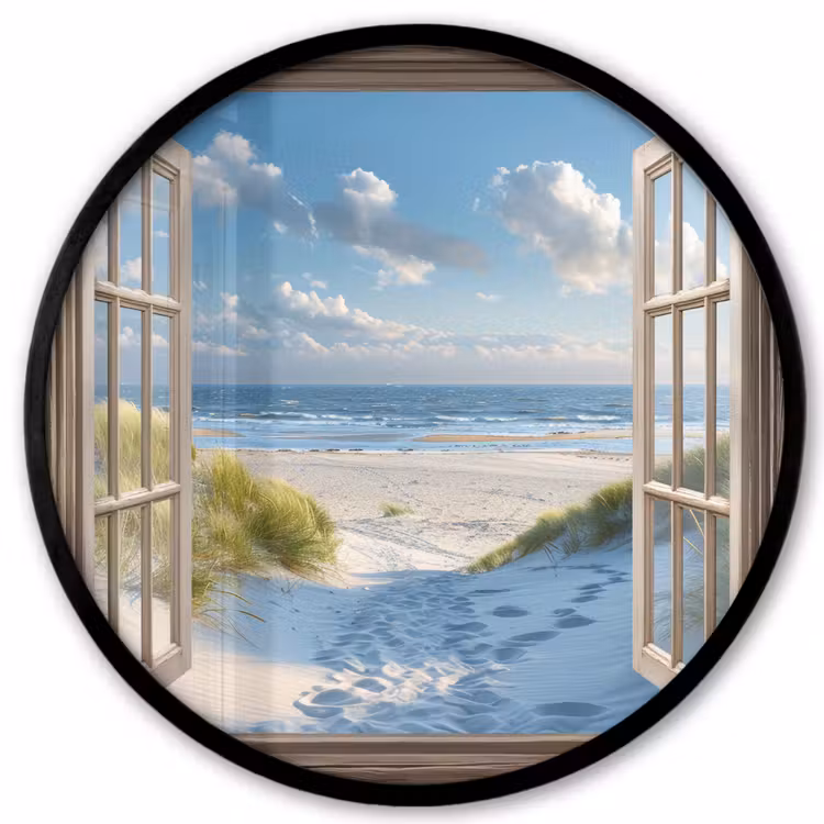 Doorkijk - Strand - Raam - Duinen - Zee Fotolijst rond zonder passe partout klein -3d