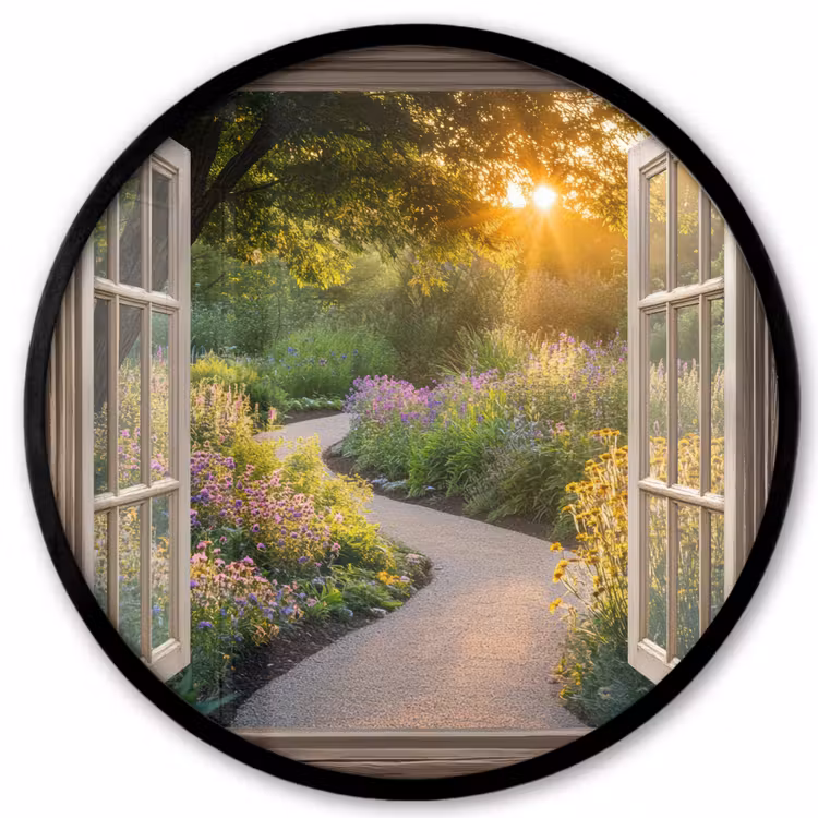 Doorkijk - Bloemen - Natuur - Zon - Pad Fotolijst rond zonder passe partout klein -3d
