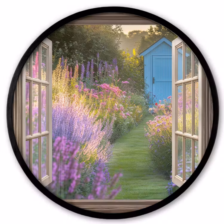 Doorkijk - Bloemen - Raam - Natuur Fotolijst rond zonder passe partout klein -3d