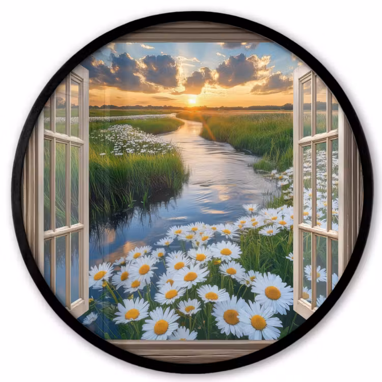 Doorkijk - Landschap - Raam - Water - Zonsondergang Fotolijst rond zonder passe partout klein -3d