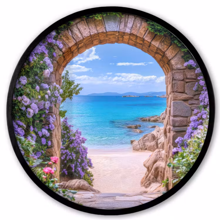 Doorkijk - Poort - Zee - Strand - Rotsen Fotolijst rond zonder passe partout klein -3d