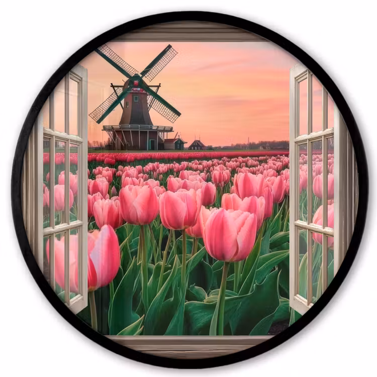 Doorkijk - Tulpen - Bloemen - Molen - Raam Fotolijst rond zonder passe partout klein -3d
