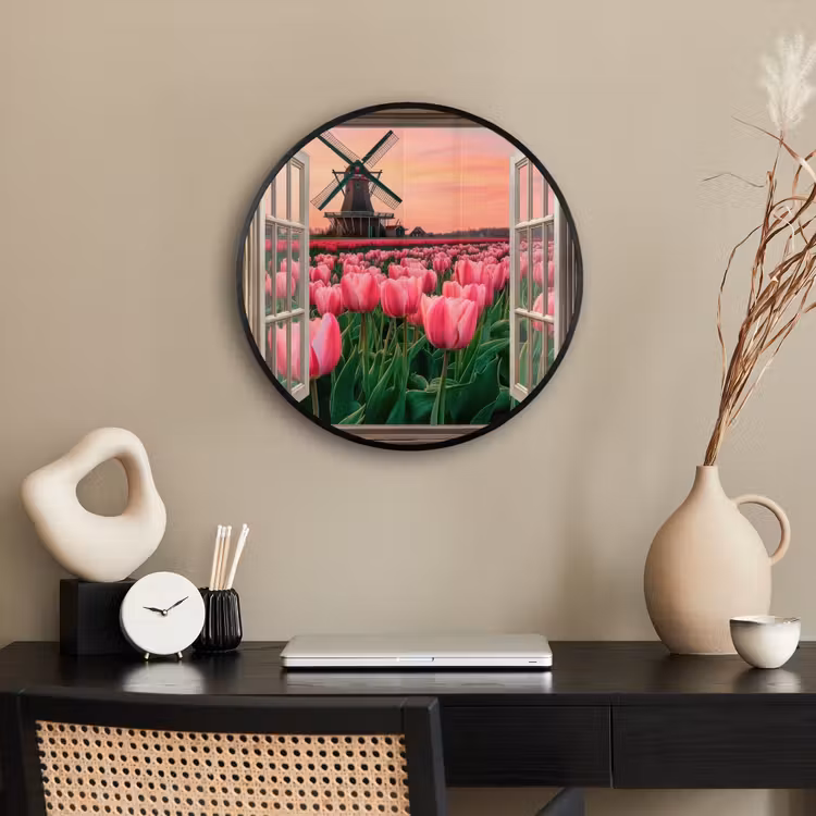Doorkijk - Tulpen - Bloemen - Molen - Raam Fotolijst rond zonder passe partout klein -sfeer1