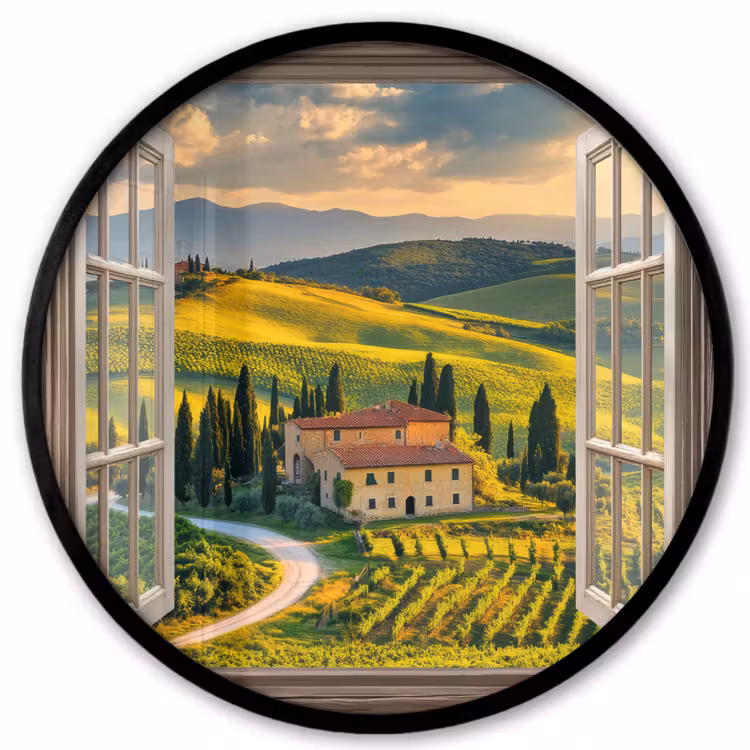 Doorkijk - Toscane - Uitzicht - Landschap - Zomer Fotolijst rond zonder passe partout klein -3d