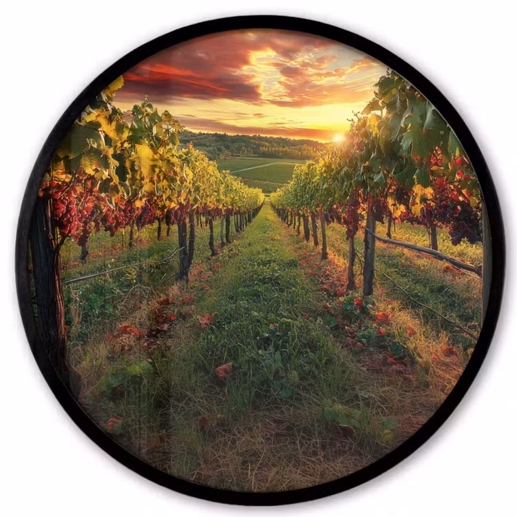 Wijngaard - Druiven - Zonsondergang Fotolijst rond zonder passe partout klein -3d