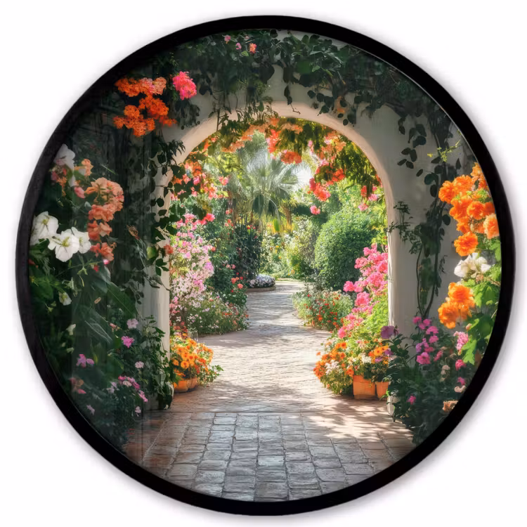 Doorkijk - Bloemen - Natuur - Bloementuin Fotolijst rond zonder passe partout klein -3d