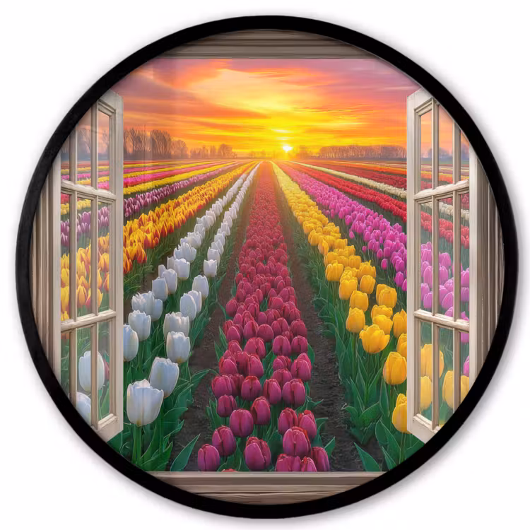 Doorkijk - Bloemen - Tulpen - Kleurrijk - Zonsondergang Fotolijst rond zonder passe partout klein -3d