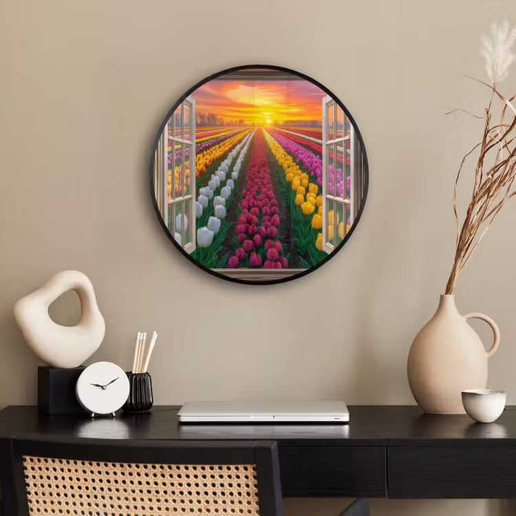 Doorkijk - Bloemen - Tulpen - Kleurrijk - Zonsondergang Fotolijst rond zonder passe partout klein -sfeer1