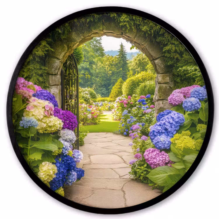 Doorkijk - Poort - Hortensia - Bloementuin Fotolijst rond zonder passe partout klein -3d