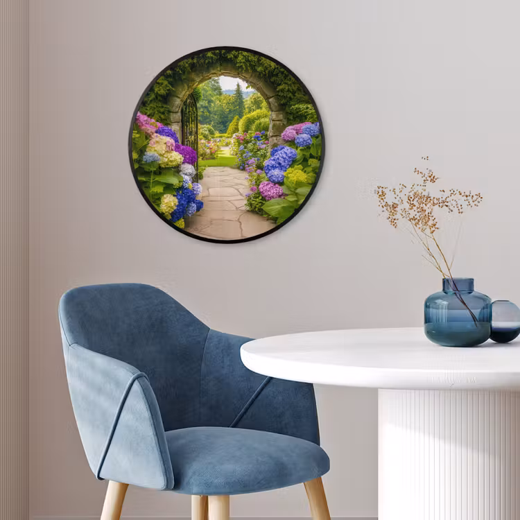 Doorkijk - Poort - Hortensia - Bloementuin Fotolijst rond zonder passe partout klein -sfeer2