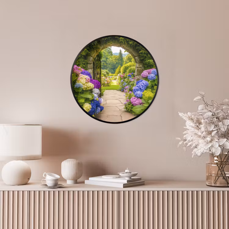 Doorkijk - Poort - Hortensia - Bloementuin Fotolijst rond zonder passe partout klein -sfeer3