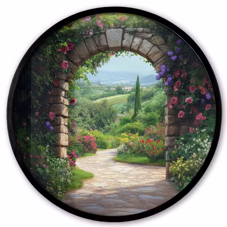 Doorkijk - Landschap - Bloemen - Pad - Uitzicht Fotolijst rond zonder passe partout klein -3d