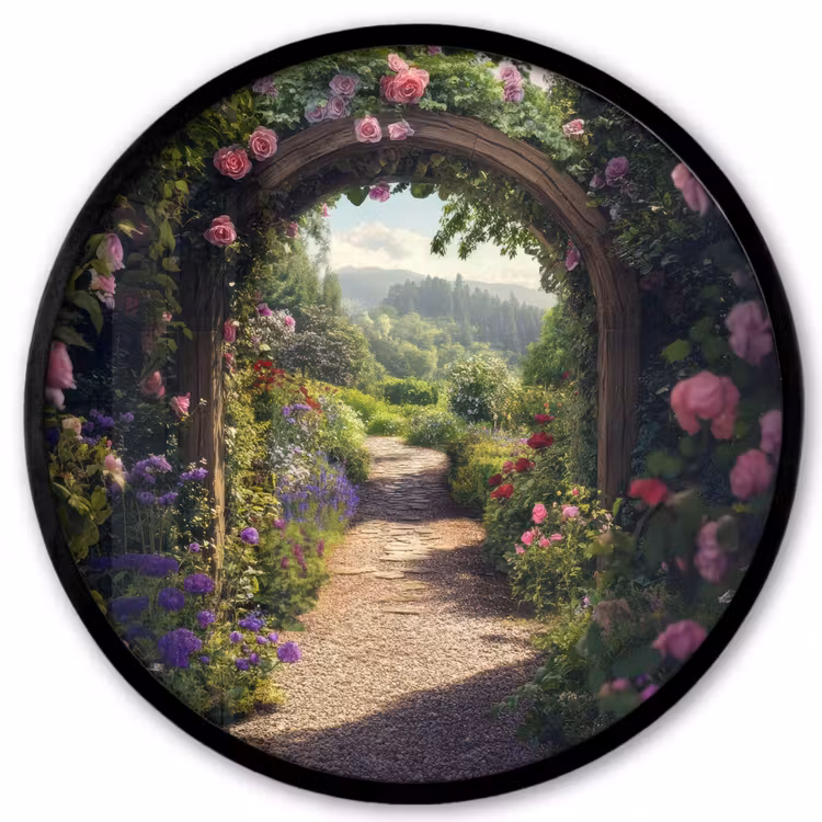 Doorkijk - Landschap - Bloemen - Rozenboog - Natuur Fotolijst rond zonder passe partout klein -3d