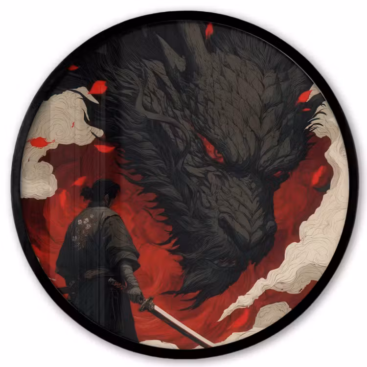 Krijger - Draak - Zwart - Rood - Rook Fotolijst rond zonder passe partout klein -3d