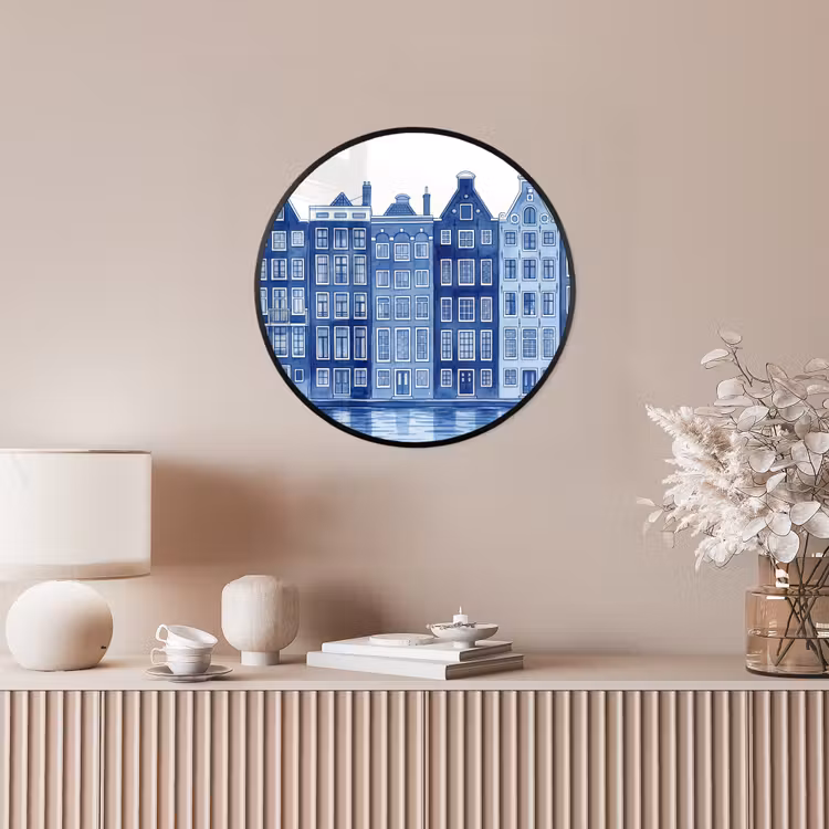 Aquarel - Grachtenpanden - Delfts - Blauw Fotolijst rond zonder passe partout klein -sfeer3