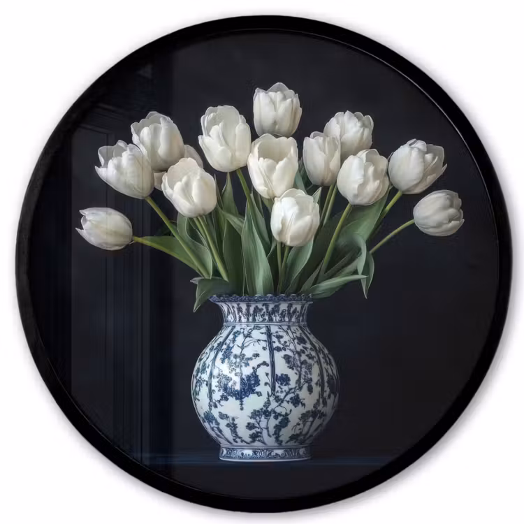 Wit - Bloemen - Tulpen - Vaas Fotolijst rond zonder passe partout klein -3d
