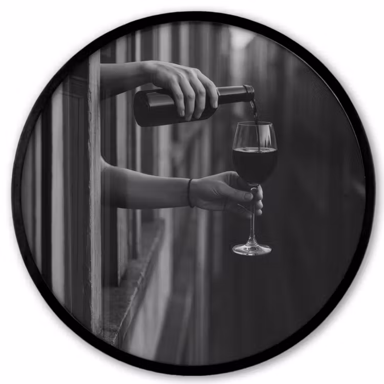 Wijnfles - Glas - Handen - Raam Fotolijst rond zonder passe partout klein -3d
