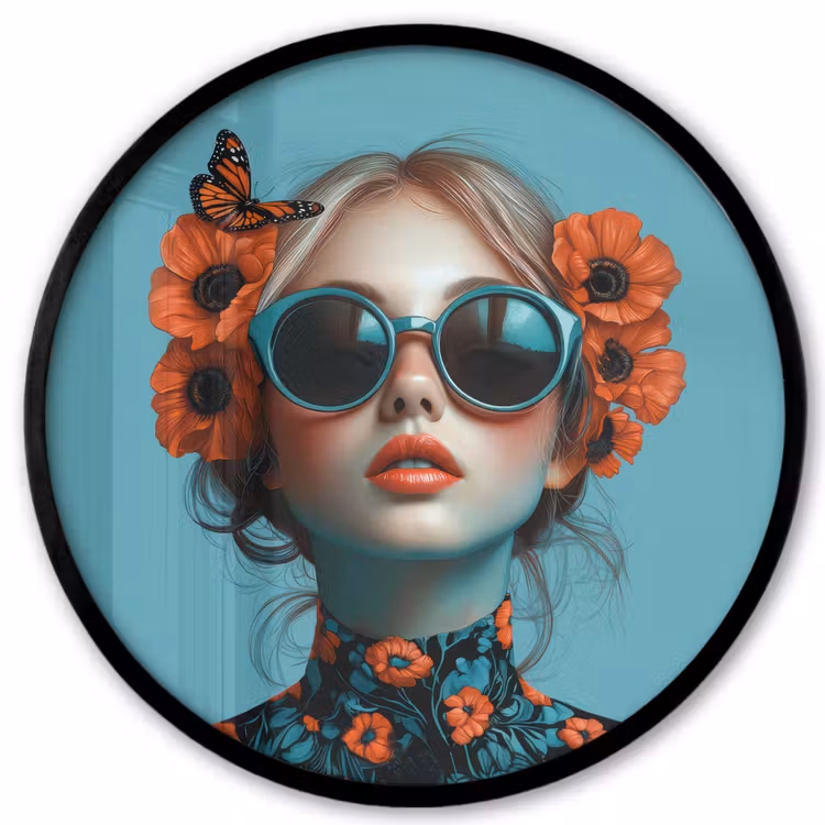 Vrouw - Blauw - Vlinder - Bloemen - Aesthetic Fotolijst rond zonder passe partout klein -3d