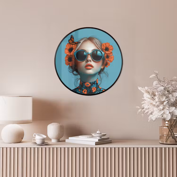 Vrouw - Blauw - Vlinder - Bloemen - Aesthetic Fotolijst rond zonder passe partout klein -sfeer3