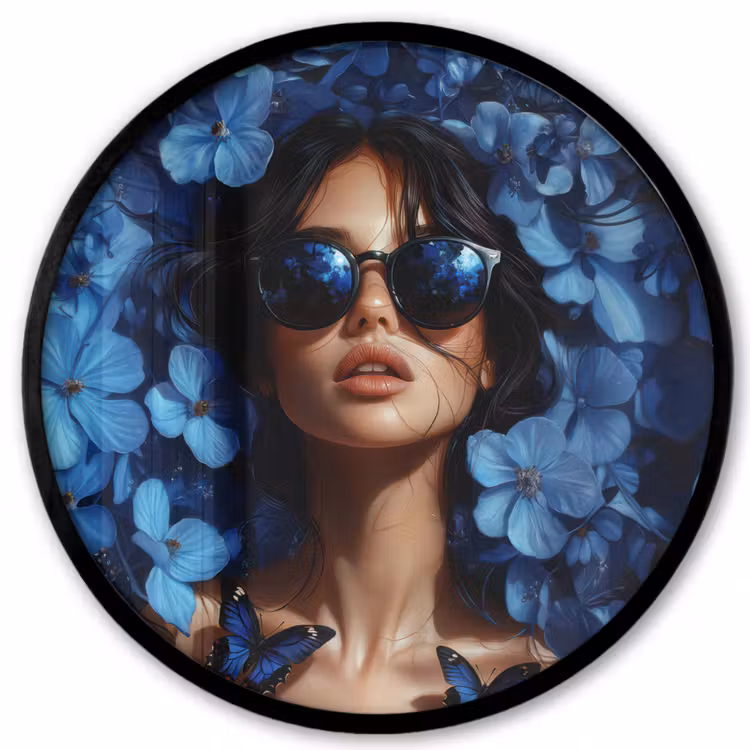 Vrouw - Blauw - Bloemen - Vlinders - Natuur Fotolijst rond zonder passe partout klein -3d