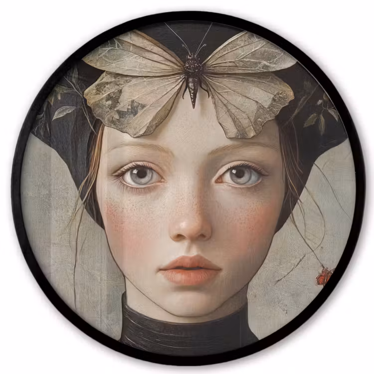 Woman - Butterfly - Art - Classic - Muted Fotolijst rond zonder passe partout klein -3d