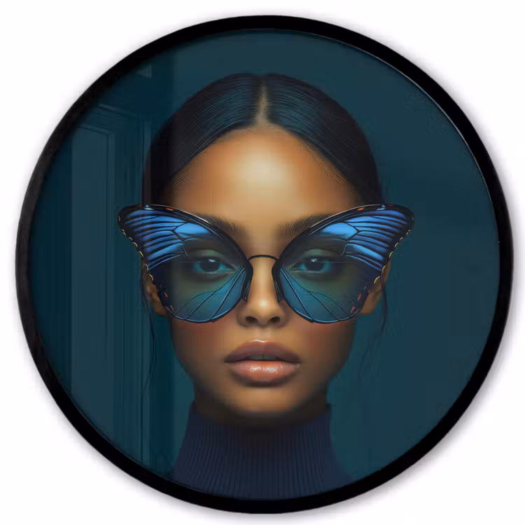 Vrouw - Vlinder - Bril - Blauw - Modern - Portret Fotolijst rond zonder passe partout klein -3d