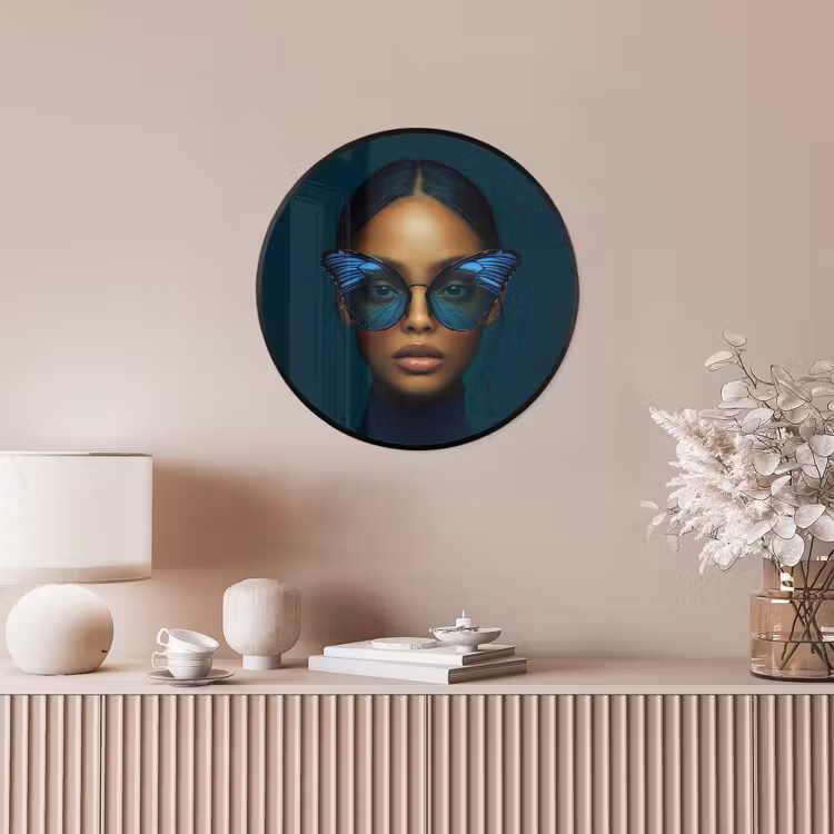 Vrouw - Vlinder - Bril - Blauw - Modern - Portret Fotolijst rond zonder passe partout klein -sfeer3