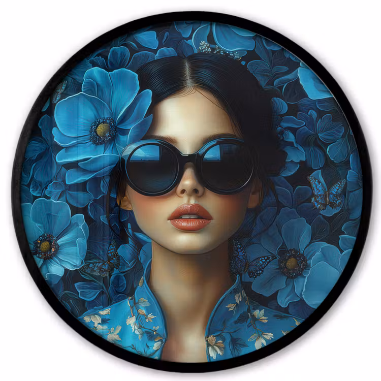 Vrouw - Bloemen - Blauw - Aesthetic - Luxe Fotolijst rond zonder passe partout klein -3d