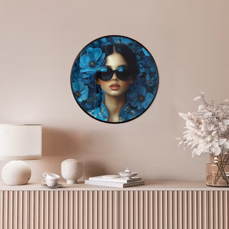 Vrouw - Bloemen - Blauw - Aesthetic - Luxe Fotolijst rond zonder passe partout klein -sfeer3