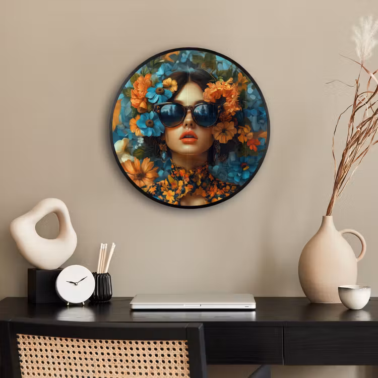 Vrouw - Bloemen - Oranje - Blauw - Modern Fotolijst rond zonder passe partout klein -sfeer1