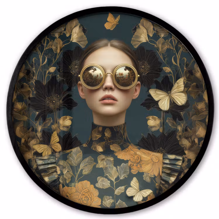 Vrouw - Bladeren - Goud - Vlinders Fotolijst rond zonder passe partout klein -3d
