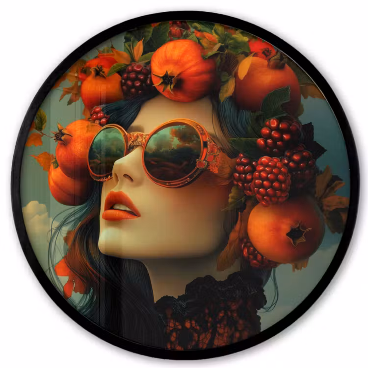 Vrouw - Granaatappel - Herfst - Zonnebril Fotolijst rond zonder passe partout klein -3d