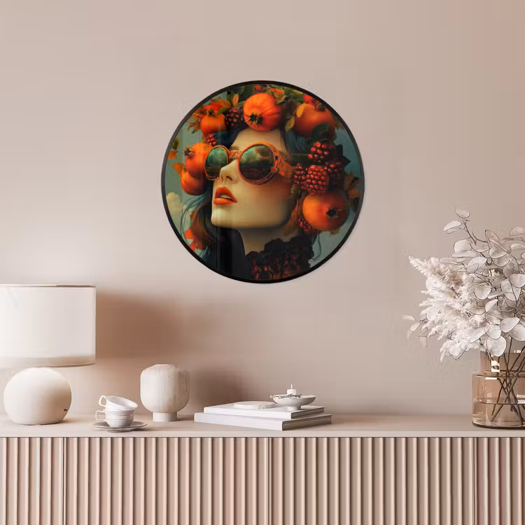 Vrouw - Granaatappel - Herfst - Zonnebril Fotolijst rond zonder passe partout klein -sfeer3