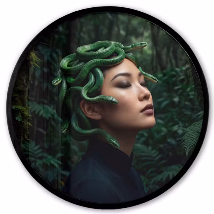 Vrouw - Slang - Natuur - Mystiek - Groen Fotolijst rond zonder passe partout klein -3d