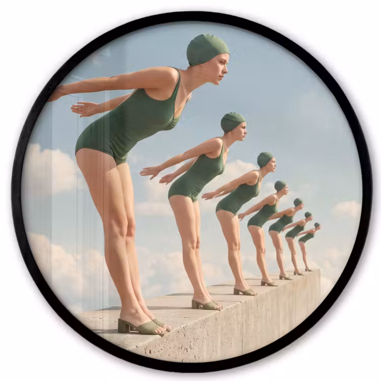 Photo Frame Round - Women - Diving Pose - Clouds - Vrouwen - Duikhouding - Wolken Fotolijst rond zonder passe partout klein
