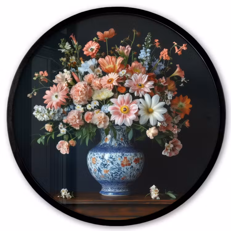 Hout - Vaas - Kleuren - Bloemen Fotolijst rond zonder passe partout klein -3d