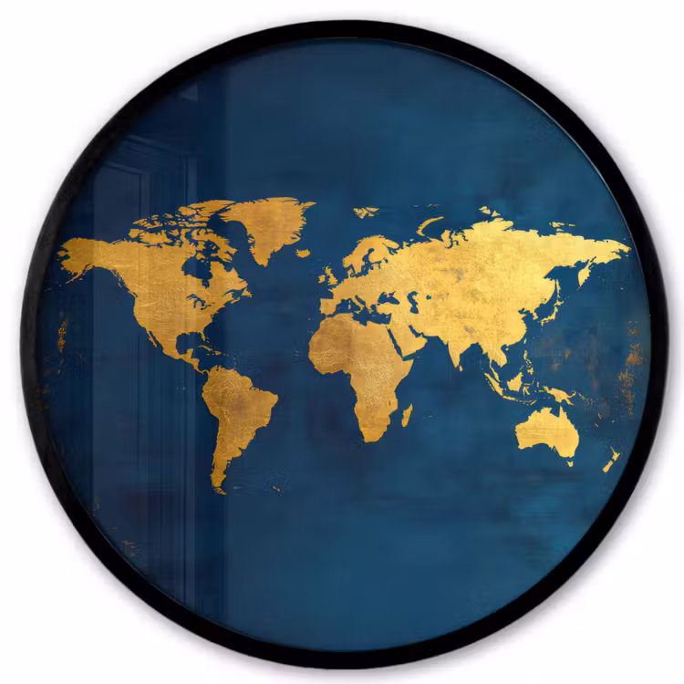 Wereldkaart - Goud - Donkerblauw Fotolijst rond zonder passe partout klein -3d