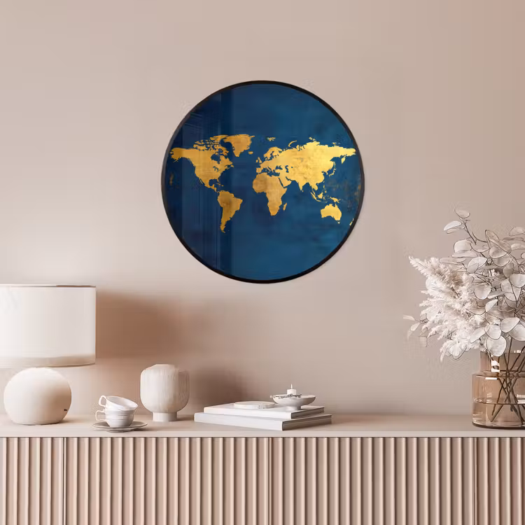 Wereldkaart - Goud - Donkerblauw Fotolijst rond zonder passe partout klein -sfeer3
