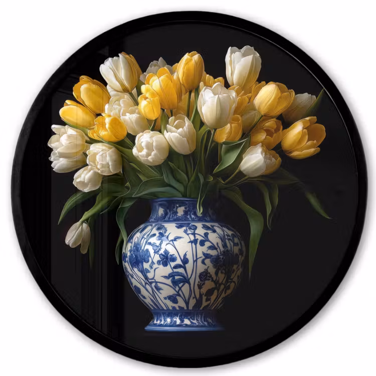 Geel - Tulpen - Vaas - Bloemen Fotolijst rond zonder passe partout klein -3d