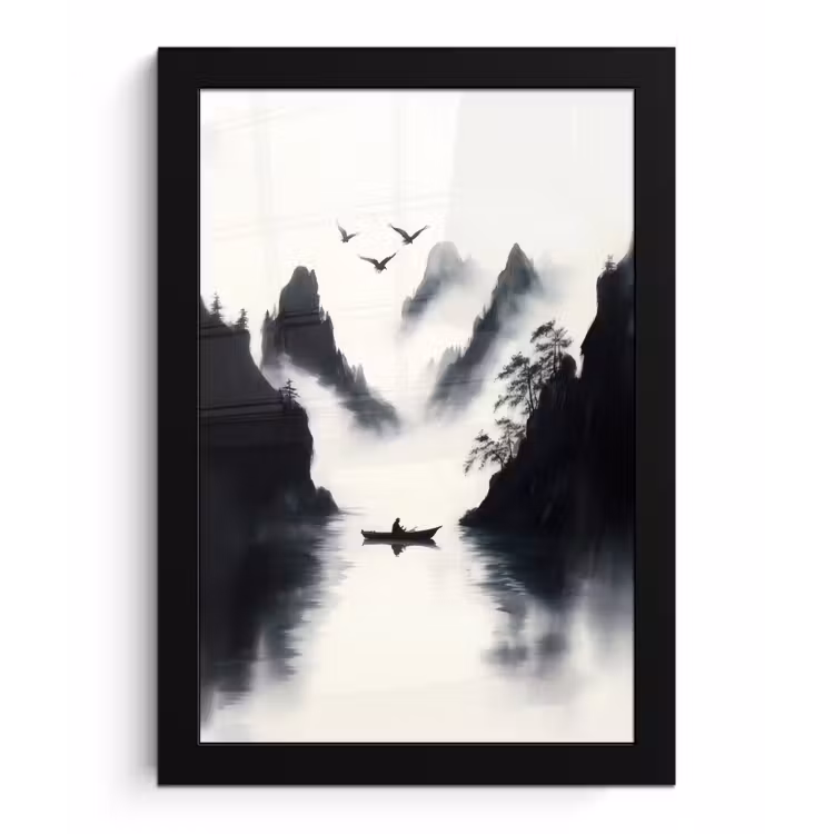 Roeiboot - Mistig - Bergen - Vogels fotolijst zwart zonder passe partout klein -3d