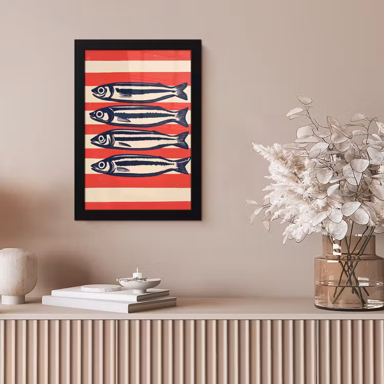 Sardines - Rood en beige strepen fotolijst zwart zonder passe partout klein -sfeer5