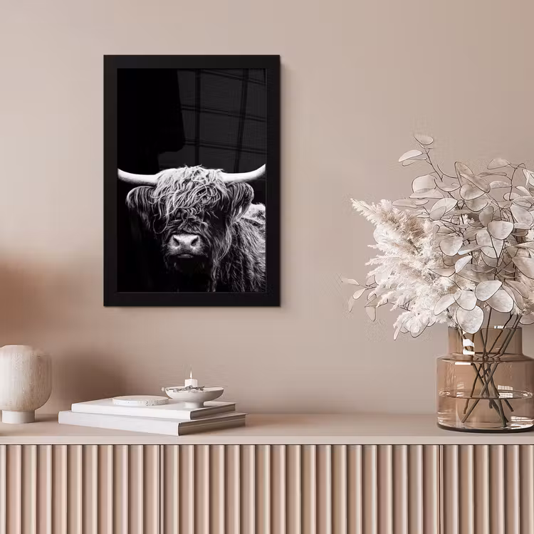 Schotse Hooglander - Koe - Zwart - Wit - Dieren fotolijst zwart zonder passe partout klein -sfeer5