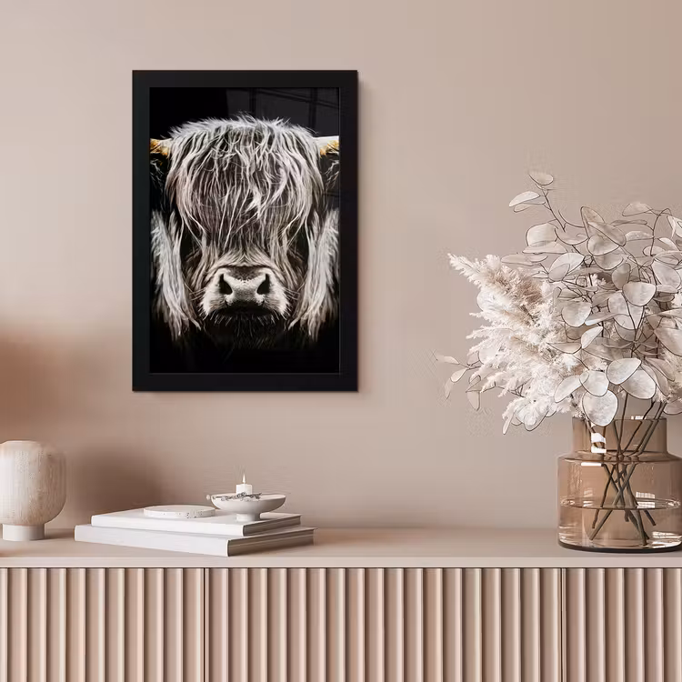 Schotse hooglander - Goud - Hoorns - Zwart wit - Koe - Dieren fotolijst zwart zonder passe partout klein -sfeer5