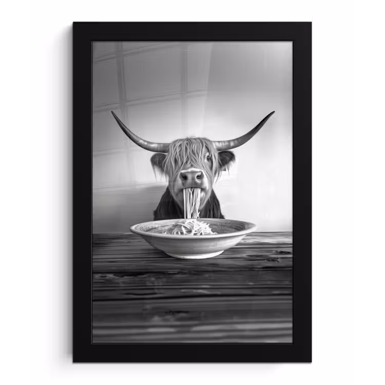 Schotse Hooglander - Spaghetti - Dieren - Zwart wit fotolijst zwart zonder passe partout klein -3d