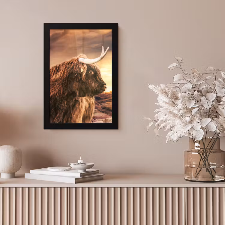 Schotse hooglander - Zon - Horizon - Koe - Dieren fotolijst zwart zonder passe partout klein -sfeer5