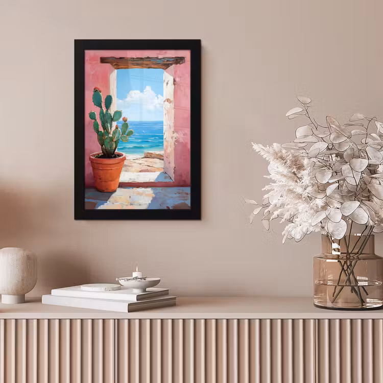 Zee - Roze - Cactus fotolijst zwart zonder passe partout klein -sfeer5