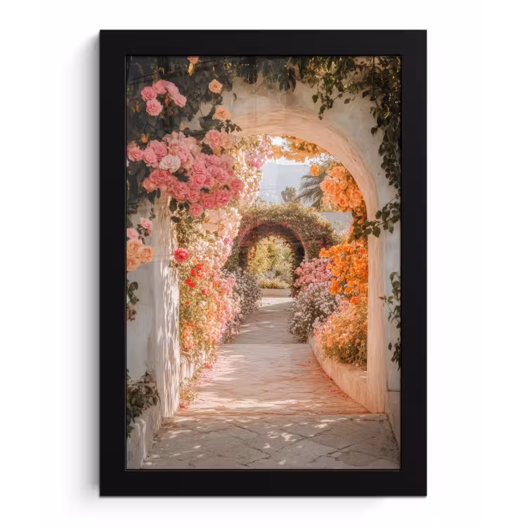 Doorkijk - Boog - Bloemen - Pastel fotolijst zwart zonder passe partout klein -3d