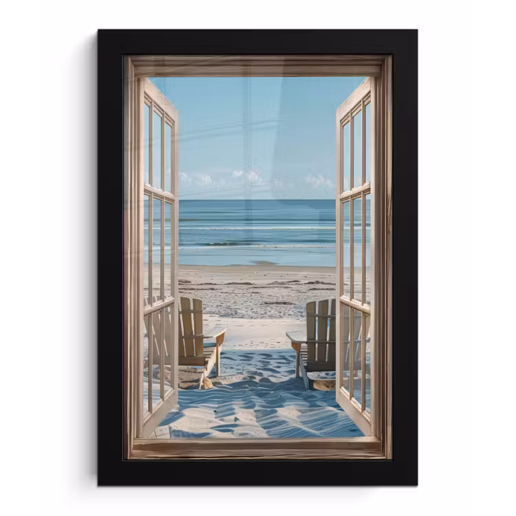 Doorkijk - Strandstoelen - Duinen - Zee - Natuur fotolijst zwart zonder passe partout klein -3d