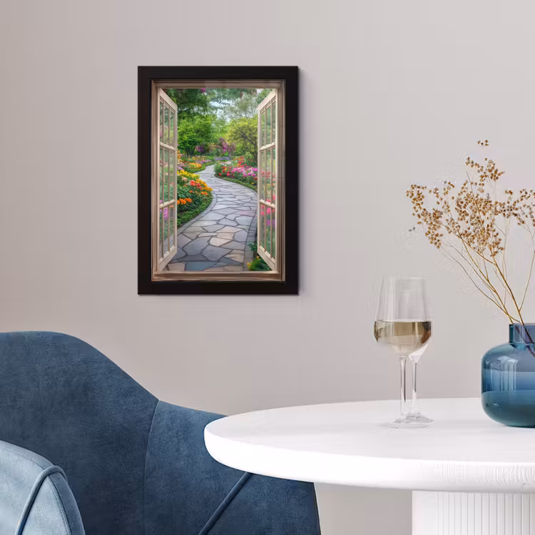 Doorkijk - Bloemen - Tuinpad - Natuur - Raam fotolijst zwart zonder passe partout klein -sfeer4